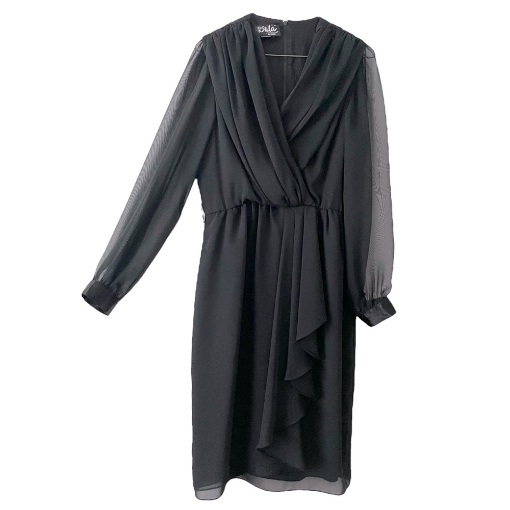 90s Sheer Ursula of Switzerland Black Chiffon Dress Deep V Neck Ruffle Skirt 8